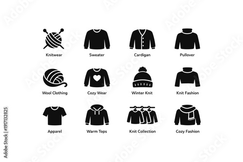 Cozy knitwear icons collection: sweater, cardigan, pullover, warm tops, winter knitwear