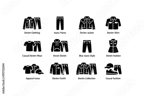 Casual denim apparel icons collection featuring jackets, shirts, pants, and fashion outfits