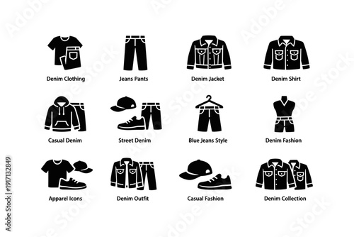 Denim clothing icons: jeans, jacket, shirt, casual style collection