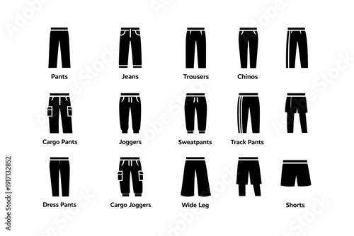 Variety of pants styles: jeans, chinos, joggers, sweatpants, cargo and more