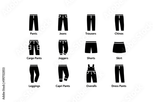 Variety of bottom wear icons: pants, jeans, trousers, chinos, and more