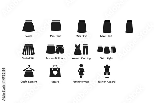 Silhouette icons of women's fashion skirts and apparel elements