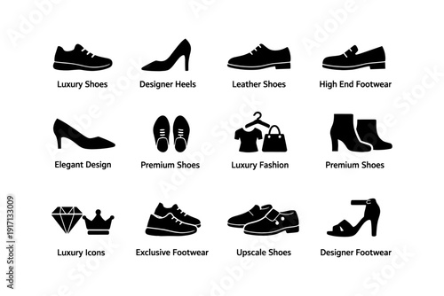 Luxury fashion icons featuring designer footwear and accessories