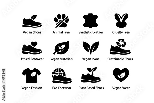 Vegan footwear and materials icons: ethical, sustainable, animal-free fashion