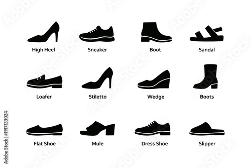 Variety of footwear silhouettes: heels, sneakers, boots, sandals, loafers, mules, slippers, wedges