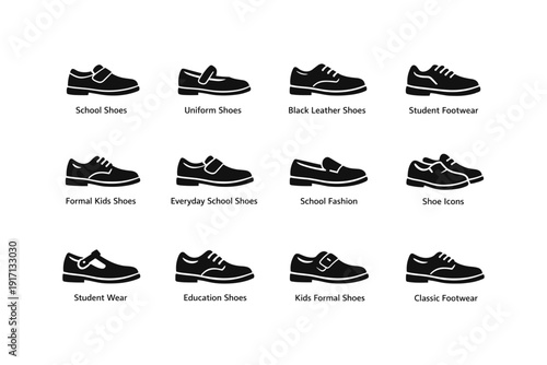 School shoe icons: formal, casual, kids, student, classic footwear collection