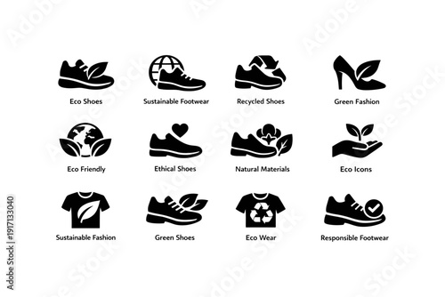 Eco-friendly footwear icons: sustainable, recycled, ethical, natural, green fashion