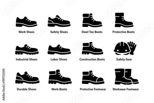 Variety of work and safety footwear icons illustrating protective gear