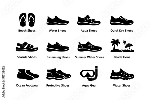 Variety of water footwear and beach icons featuring sandals and aqua gear