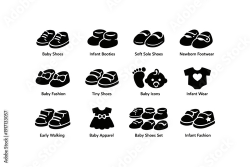 Collection of baby shoes and infant apparel icons for early walking and fashion