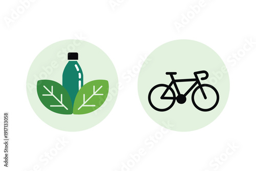 Green leaf icons frame a reusable bottle and a bicycle representing.
