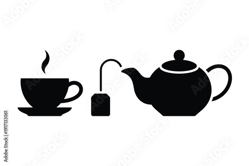 Black silhouette shows hot steaming cup of tea being poured from a teapot with.