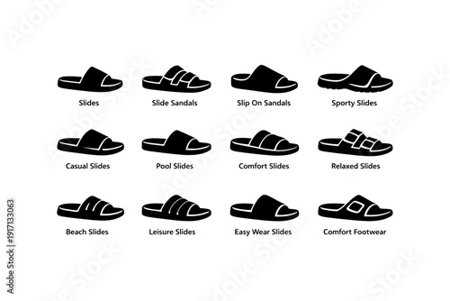 Different types of slides and sandals collection for casual and sporty wear