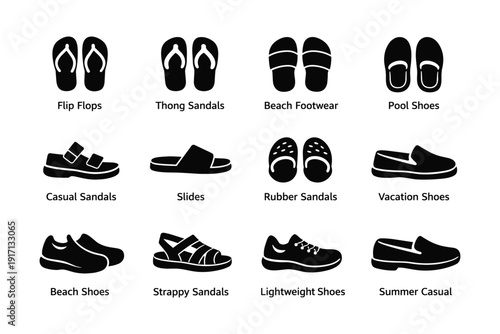 Variety of footwear silhouettes including sandals, slides, and shoes collection