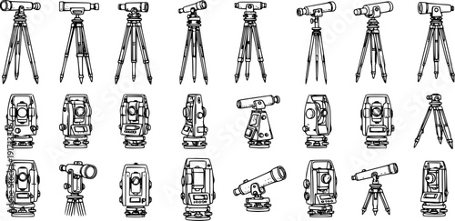 Collection of Surveying Instruments Line Art Illustrations