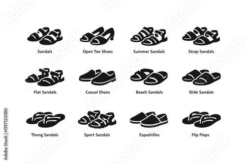 Various styles of sandals and shoes: open toe, strap, espadrilles, slides, flip flops
