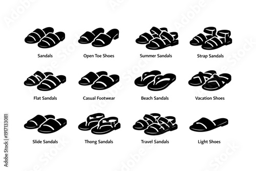Variety of stylish sandals: open toe, slide, thong, strap designs for summer