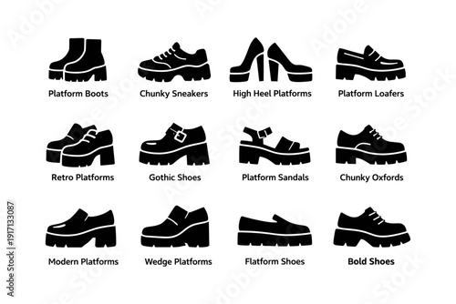 Collection of diverse platform shoe styles featuring trendy designs