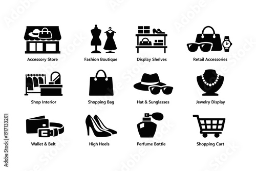 Retail icons: fashion boutique and accessory store symbols collection