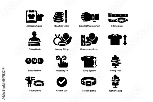 Accessory and clothing sizing icons for measurement and fitting guidance