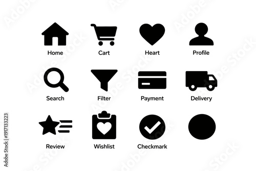 Collection of e-commerce icon set: home, cart, heart, profile, search, filter, payment, delivery, review, wishlist, checkmark, more