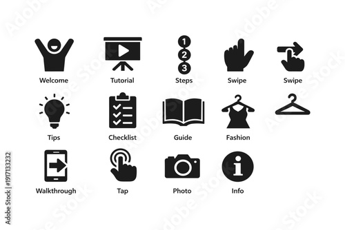 Icon set: welcome, tutorial, steps, swipe, tips, checklist, guide, fashion, walkthrough