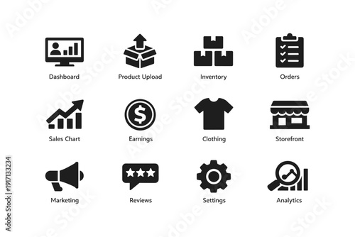 E-commerce icons set featuring dashboard inventory orders and analytics