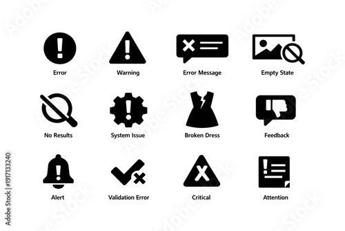 Error and warning icons set with alerts and system issues