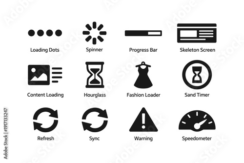 Loading icons collection: dots, spinner, progress bar, skeleton screen, refresh, warning