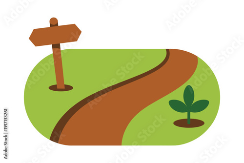 Wooden trail signpost marks the beginning of a curving dirt path through green.