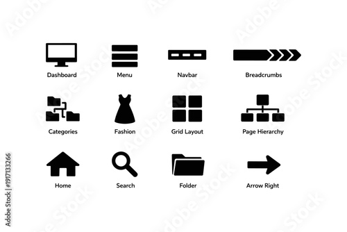 Minimalist web icons: navigation, fashion, and interface elements