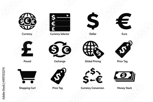 Currency symbols and financial icons: dollar, euro, pound, exchange, shopping cart