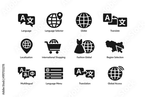 Icon set for language and globalization: translation, localization, multilingual communication
