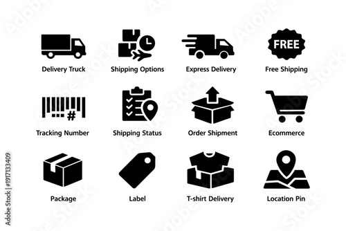 Shipping and delivery icons set featuring trucks packages and ecommerce