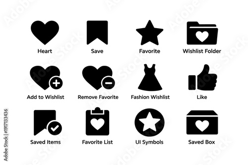 Heart, save, and wishlist symbols collection for ui design