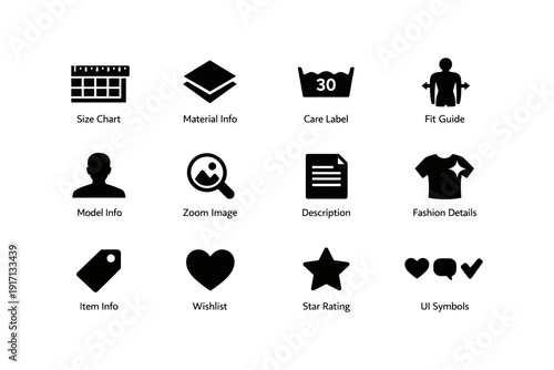 E-commerce interface icons: size chart material care fit guide model info