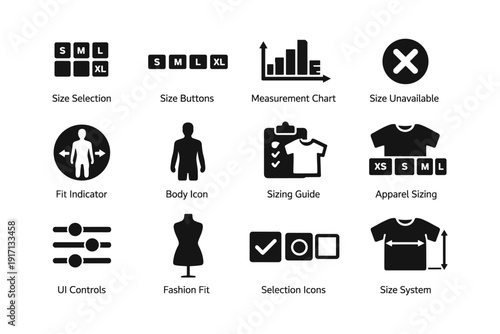 Apparel size icons set for fit and measurement guide