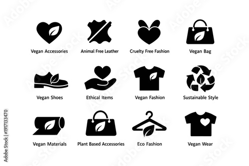 Vegan fashion and accessories icons illustrating ethical and sustainable style