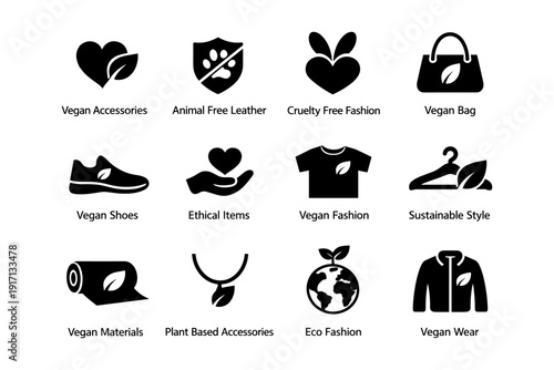 Vegan fashion icons set featuring accessories, shoes, and ethical clothing