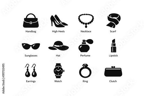Fashion accessories collection: handbag, high heels, jewelry, and more icons