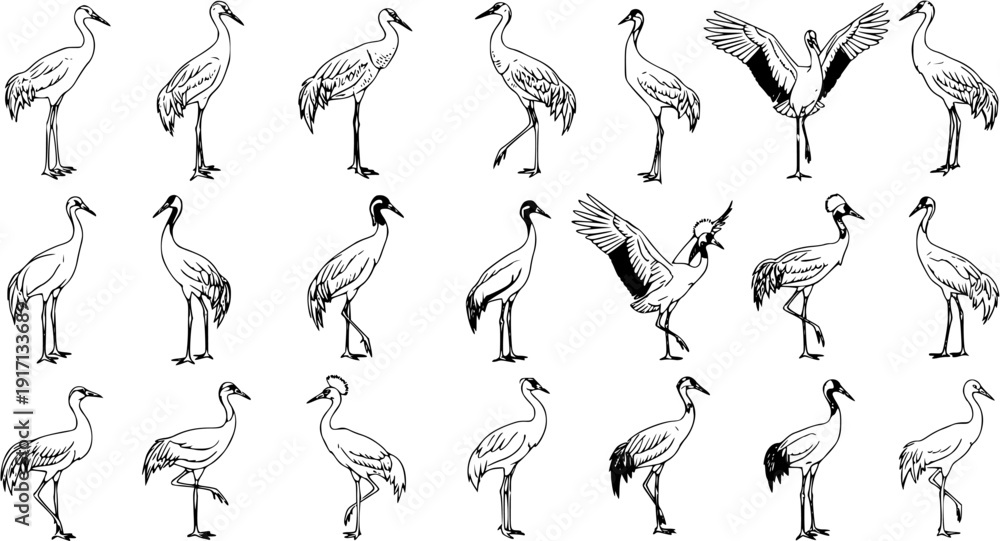 Obraz premium Elegant Crane Sketch Collection: 18 Hand-Drawn Storks in Various Poses, Wildlife Art