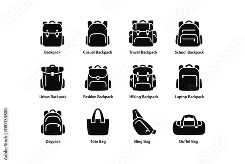 Collection of various backpack and bag icons for different styles and uses