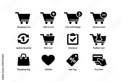 Shopping cart icons with checkout wishlist and sale tag symbols