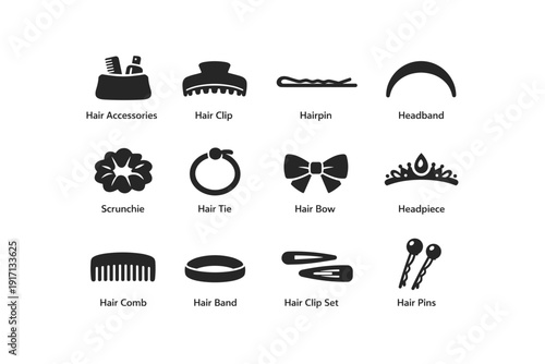 Hair accessories collection: clips, hairpins, headbands, scrunchies, combs