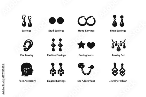 Collection of stylish earrings and jewelry icons featuring various designs