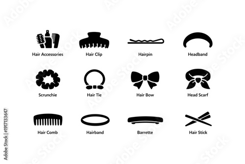 Silhouette icons of various hair accessories including hairpin and scrunchie