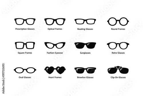 Various eyewear silhouettes: prescription, fashion, sunglasses, and novelty frames