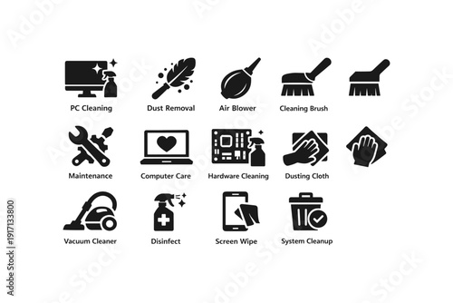 Computer and hardware cleaning icons set: tools, techniques, and equipment