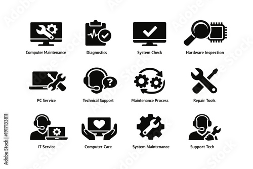 Computer repair and maintenance icons: diagnostics, system check, support