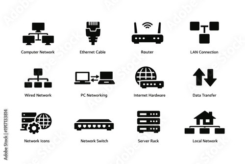 Network technology icons: computer network, ethernet cable, router, lan connection, data transfer
